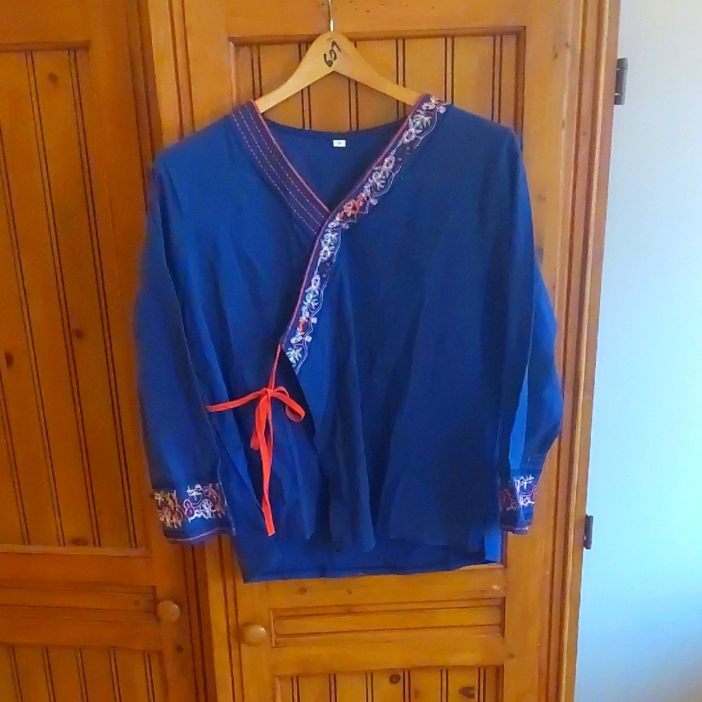 Blue Wrap Top with Embroidered Trim